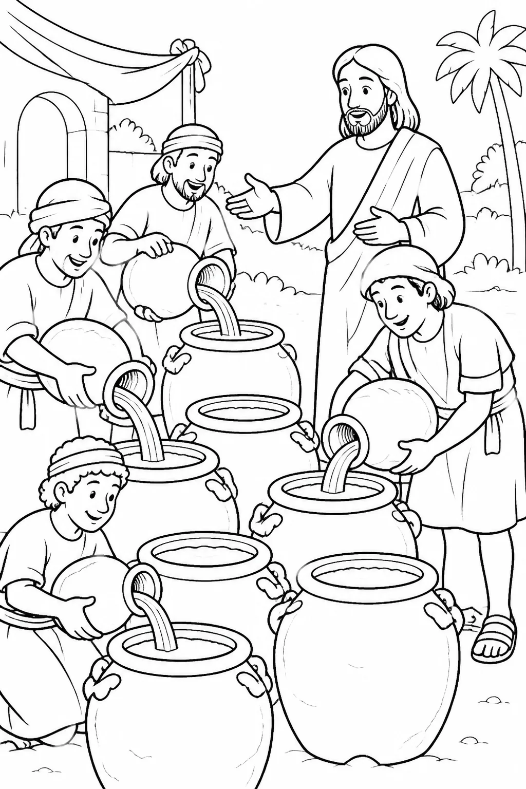 Jesus directs several servants to fill six large stone purification jars with water at a wedding setting in Cana.