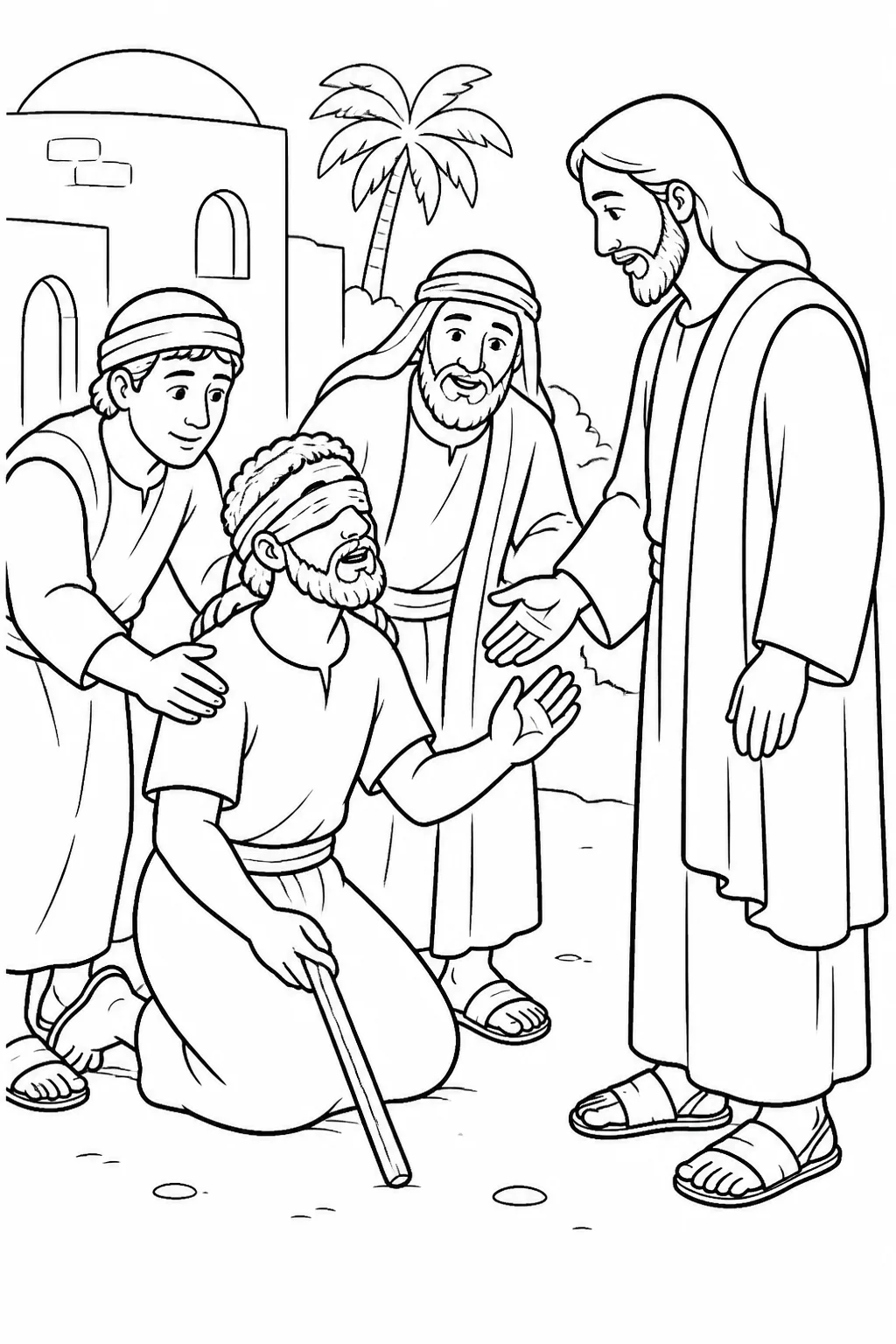 Jesus with a blind man and unnamed people bringing him to Jesus in Bethsaida, based on Mark 8:22.