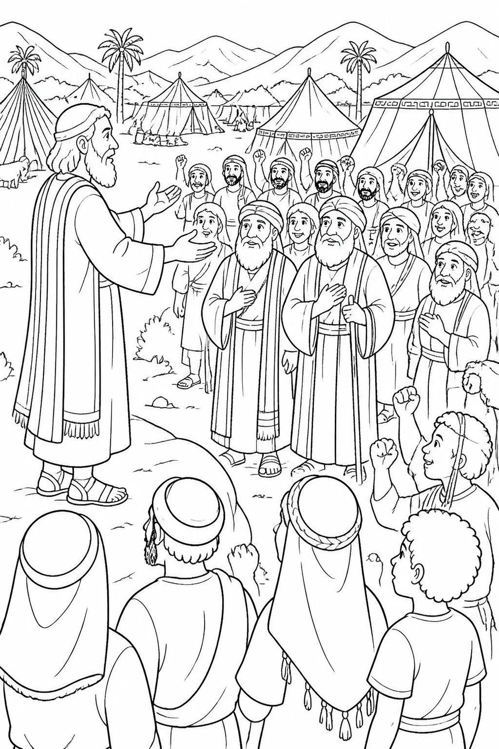 Moses reports God’s words to Israel’s elders and gathered people at their camp before Mount Sinai; the people promise to do everything God has said.