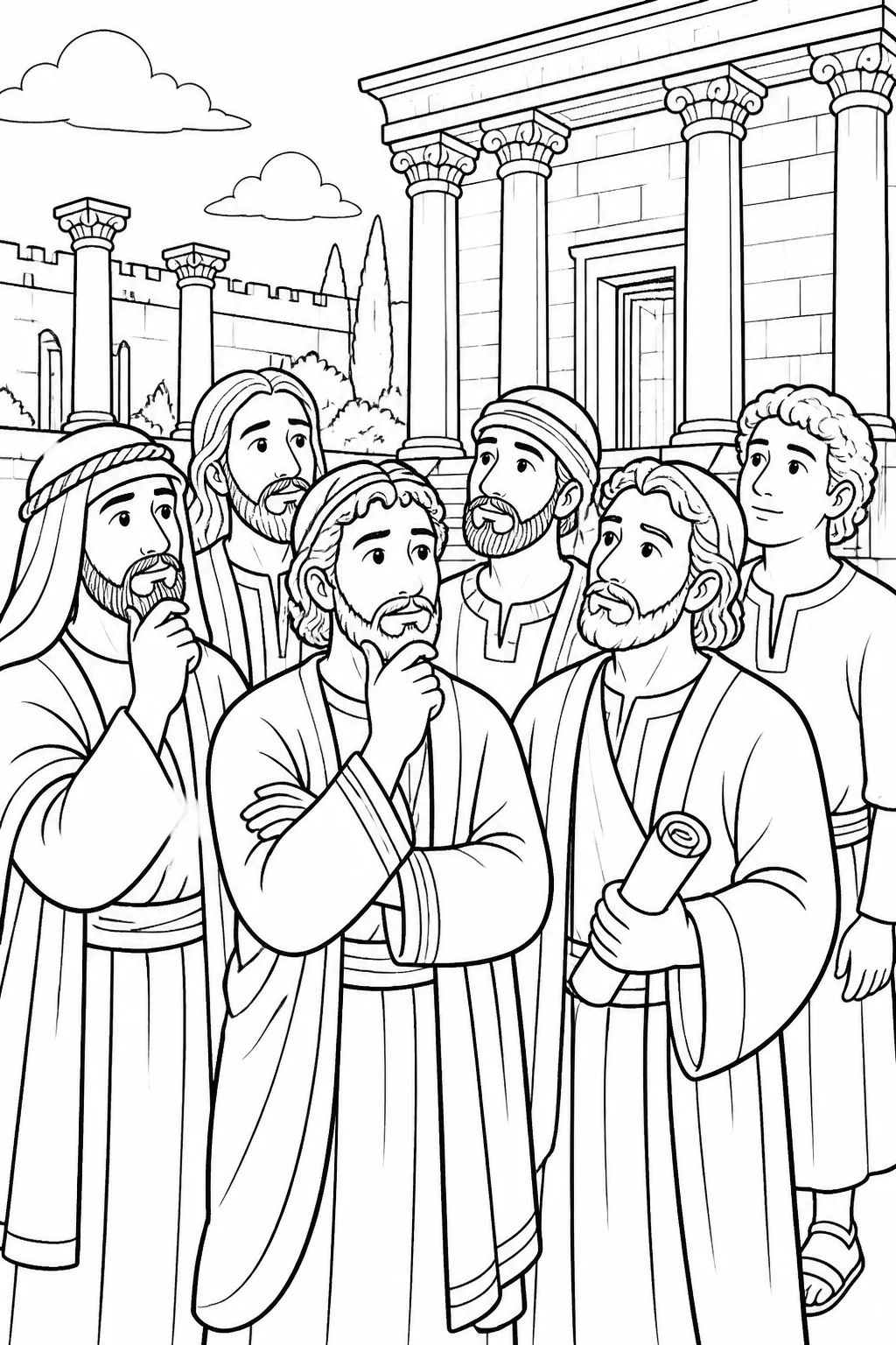 Jesus’ disciples near the temple, thoughtfully remembering the Scripture about zeal for God’s house, with a small scroll as a visual aid.