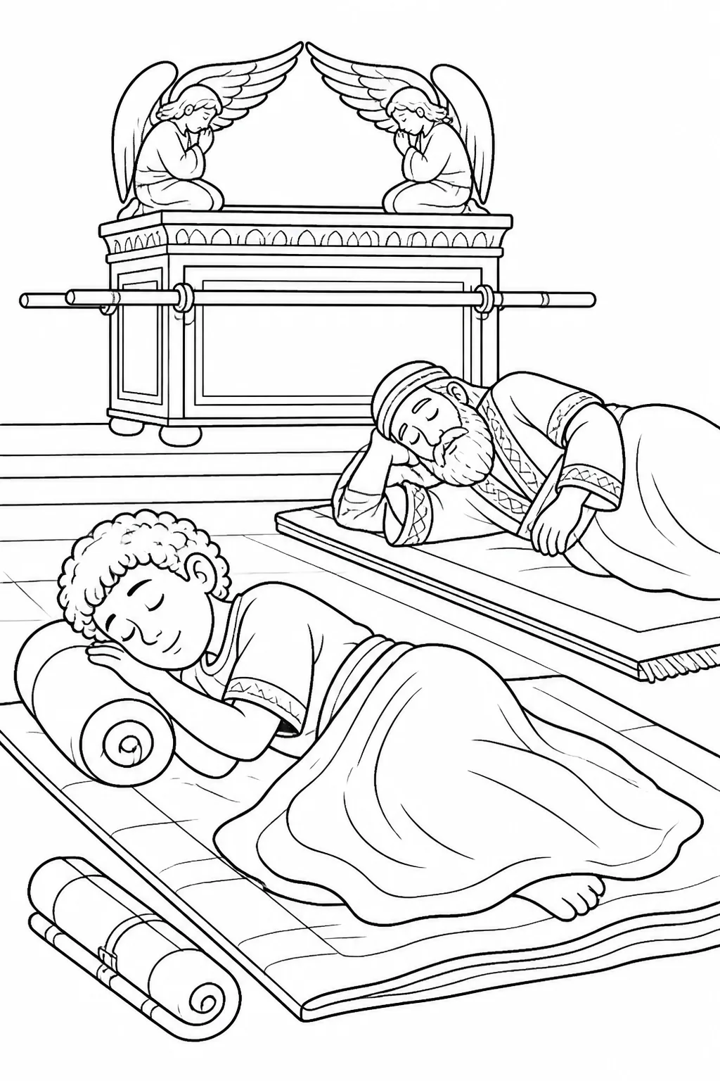 Samuel resting near the ark of God in the LORD’s temple while Eli rests in his own place, based on 1 Samuel 3:1-3.