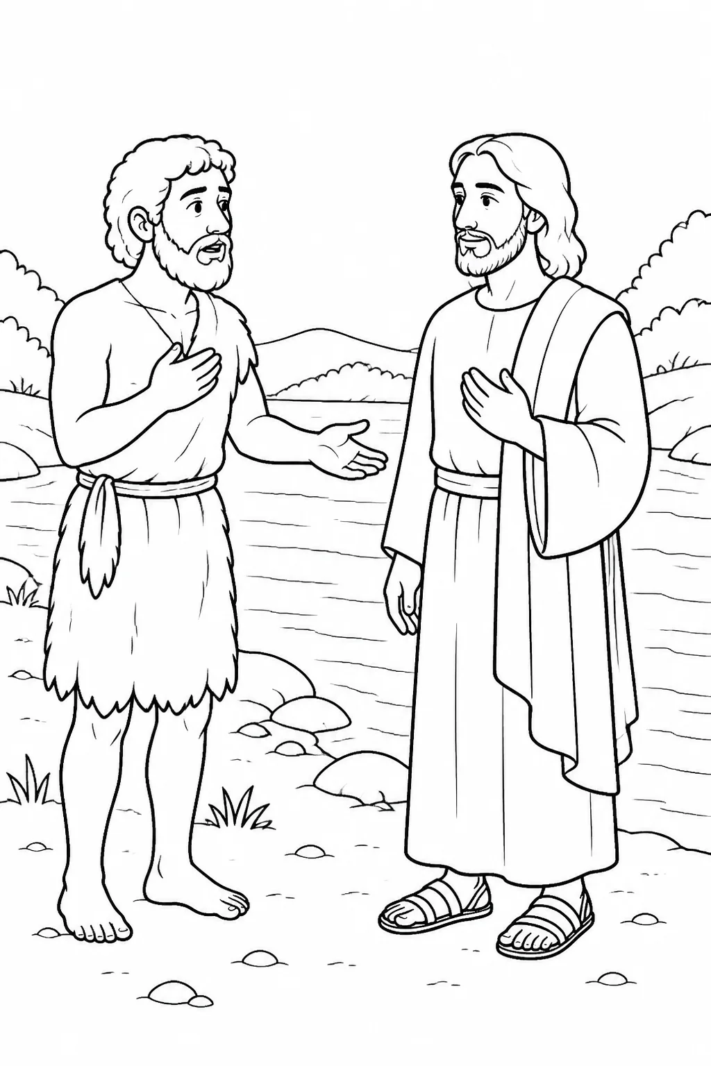 Jesus and John the Baptist having a respectful conversation beside the Jordan River before Jesus’ baptism.