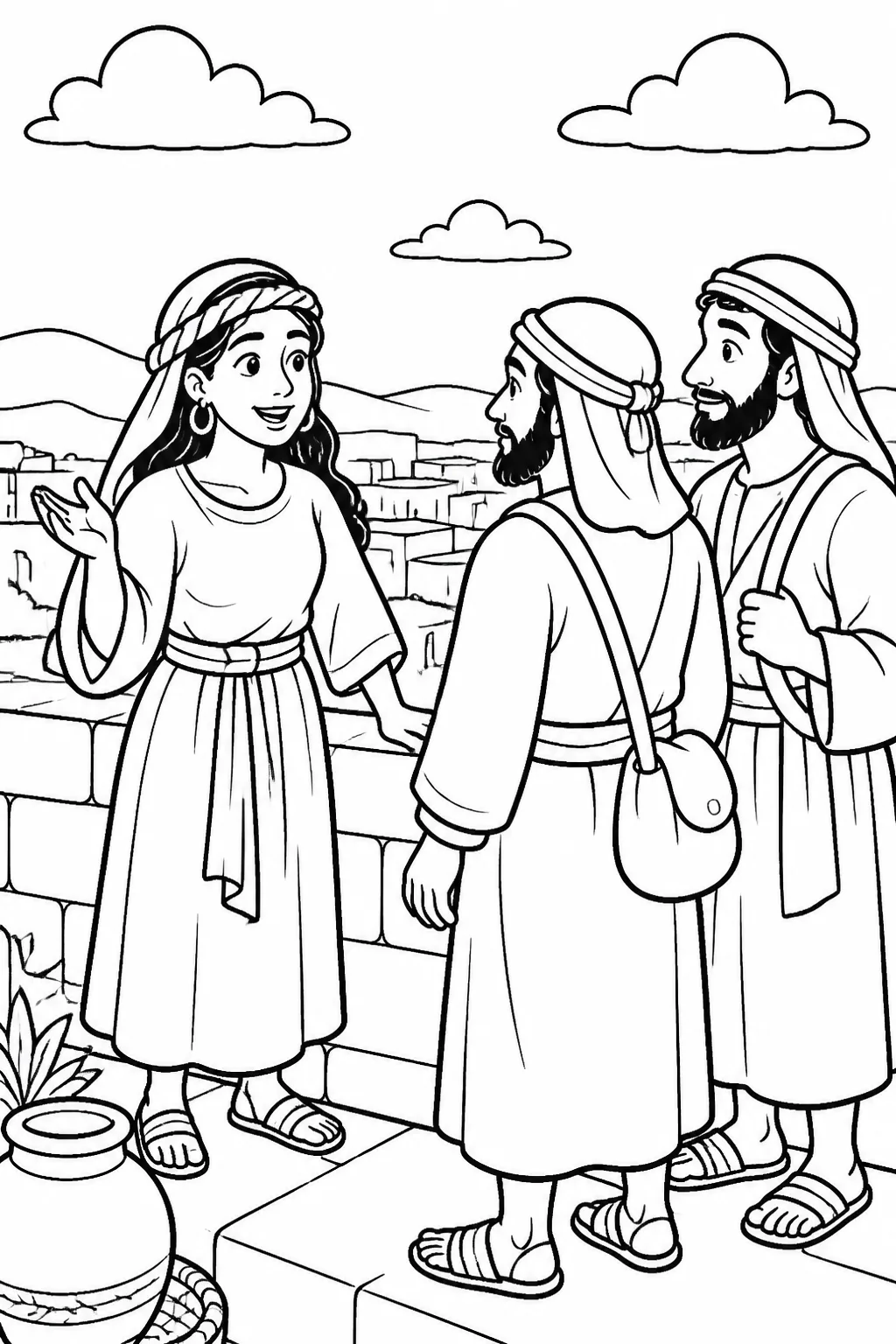 Rahab speaks with two unnamed Israelite spies on the roof of her house in Jericho beneath an open sky, based on Joshua 2:8-11.