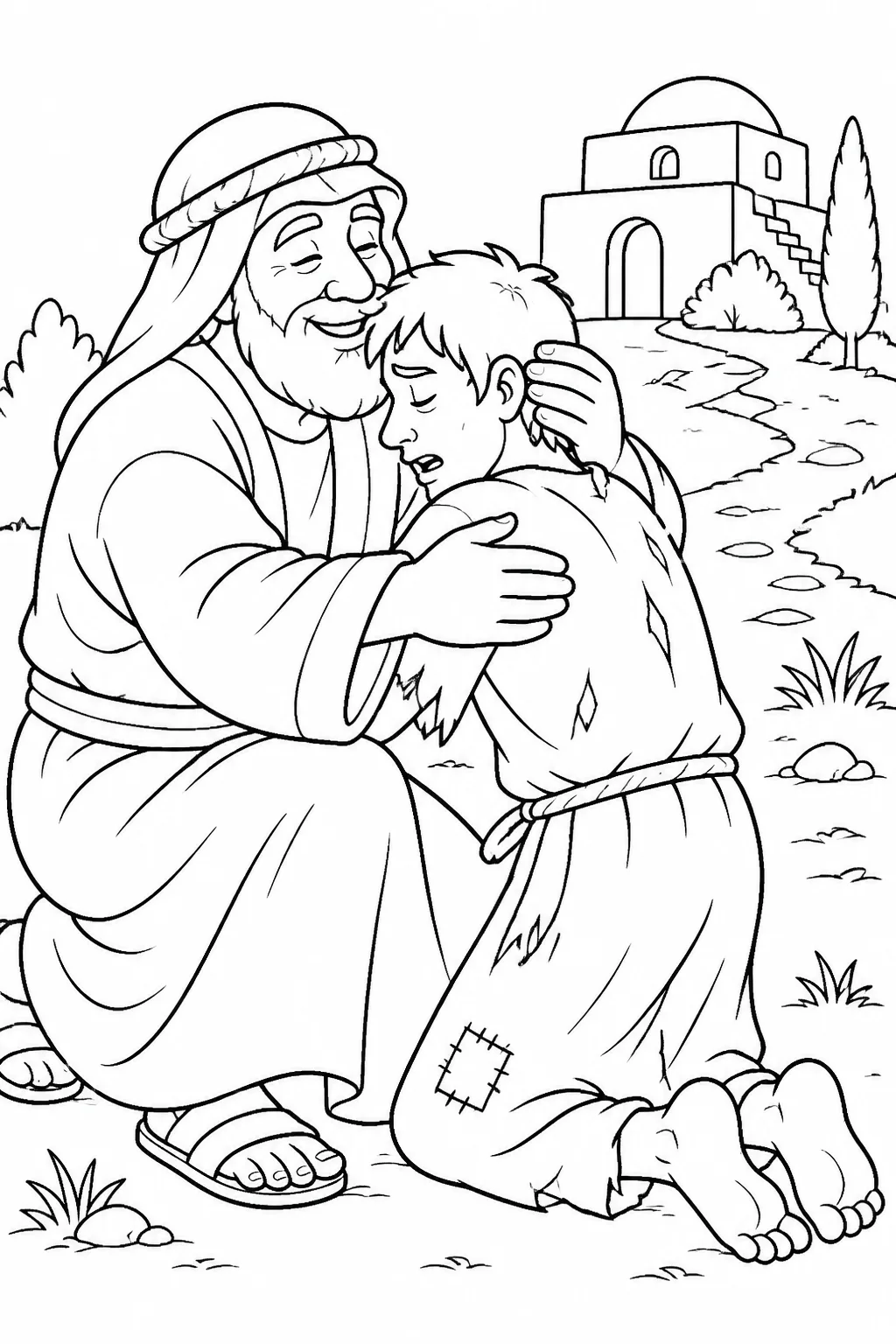 Illustration concept of the father seeing his returning younger son, running to embrace and kiss him near the father’s house as the son begins an honest confession.