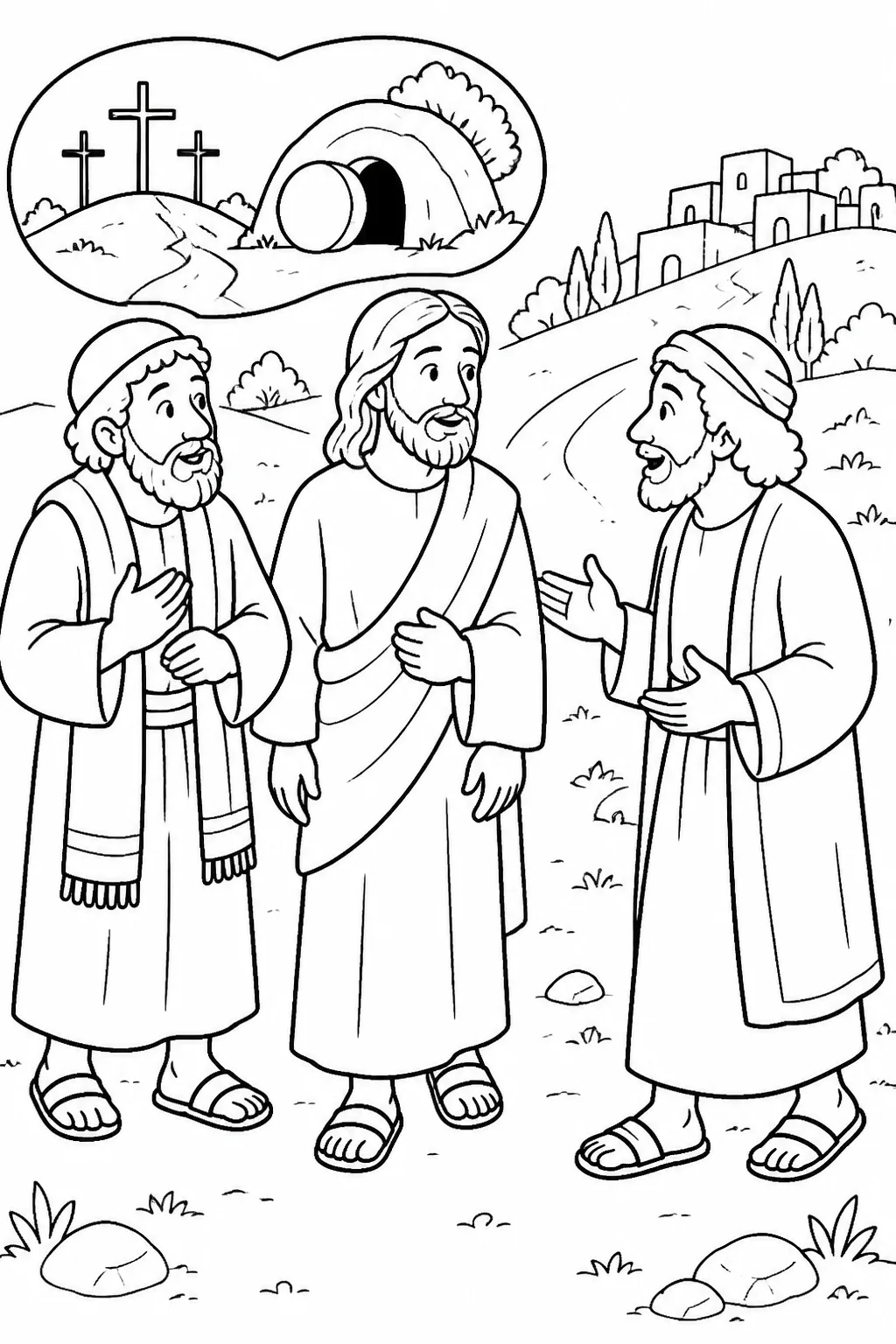 Jesus walks with Cleopas and the unnamed second disciple on the road to Emmaus as they explain the reported events in Jerusalem, including Jesus’ crucifixion and the empty tomb.