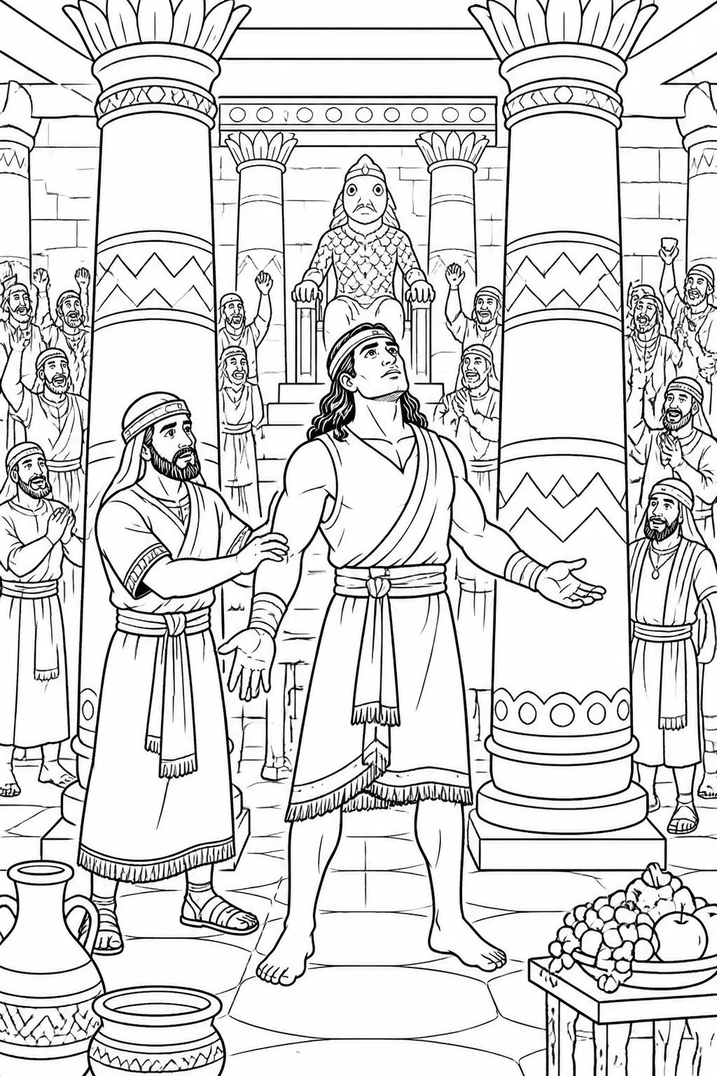 Samson prays for strength while standing between the pillars of Dagon’s temple, with a servant guiding him and Philistines gathered nearby.
