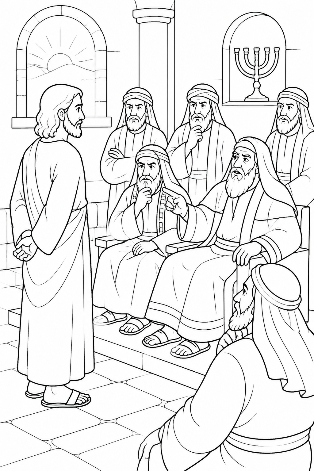 The Council Questions Jesus from Jesus Is Arrested and Tried Bible coloring page