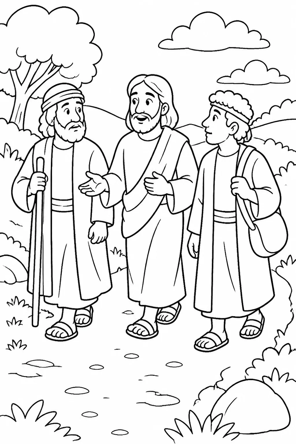 Jesus walking beside Cleopas and the unnamed second disciple on the road to Emmaus, as described in Luke 24:15-18.