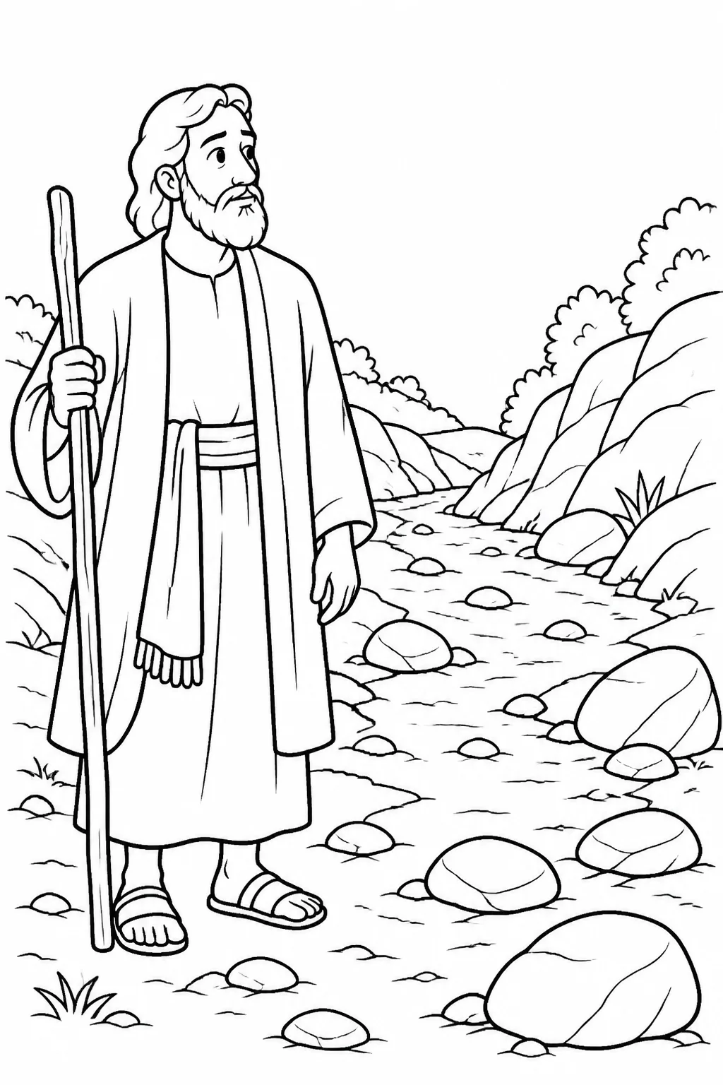 Elijah stands beside the dry bed of the Brook Cherith after the brook became dry because there had been no rain.