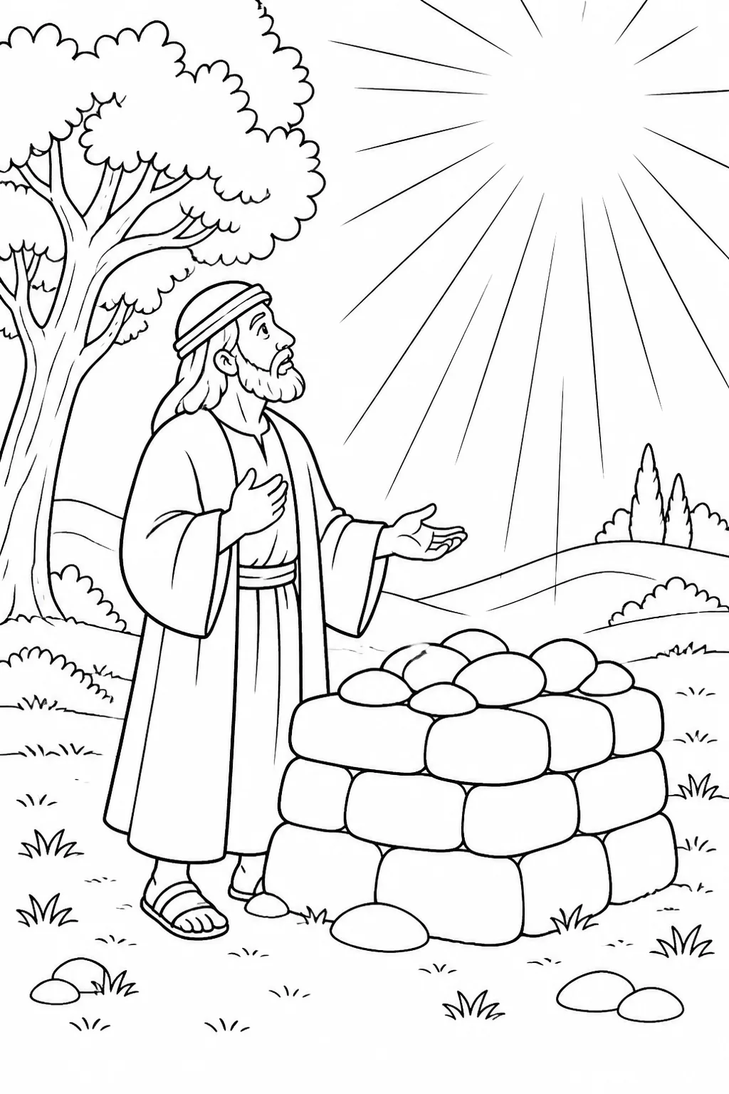 Abram beside an altar at Shechem near the oak of Moreh as a radiant light represents the LORD’s appearance and promise about the land.