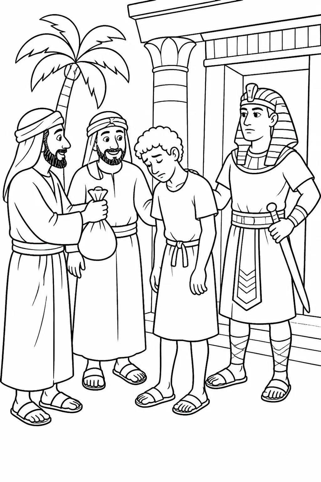 Illustration concept of Joseph arriving in Egypt as Midianites sell him to Potiphar near a simple Egyptian household entrance.