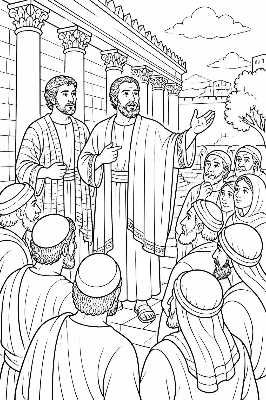 Peter addresses the people at Solomon’s Portico with John beside him, explaining that the man’s healing came through Jesus’ name rather than Peter’s power.