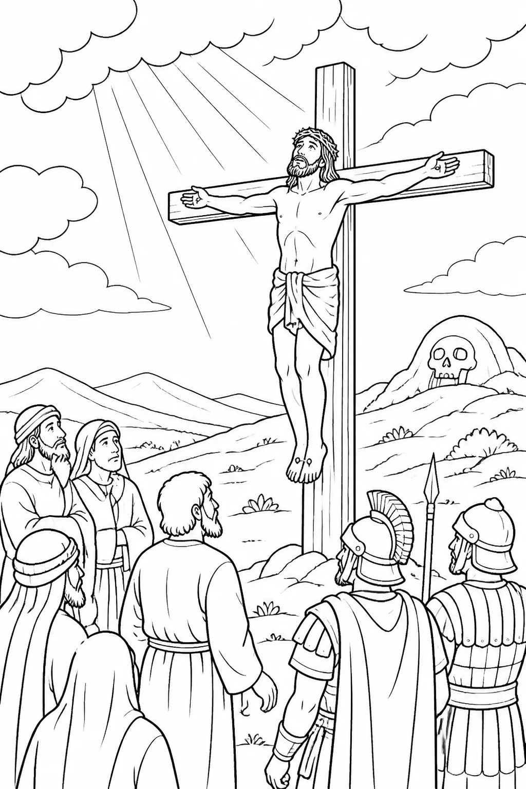 A reverent symbolic scene of Jesus praying near the cross at The Skull while those responsible for the crucifixion are present.
