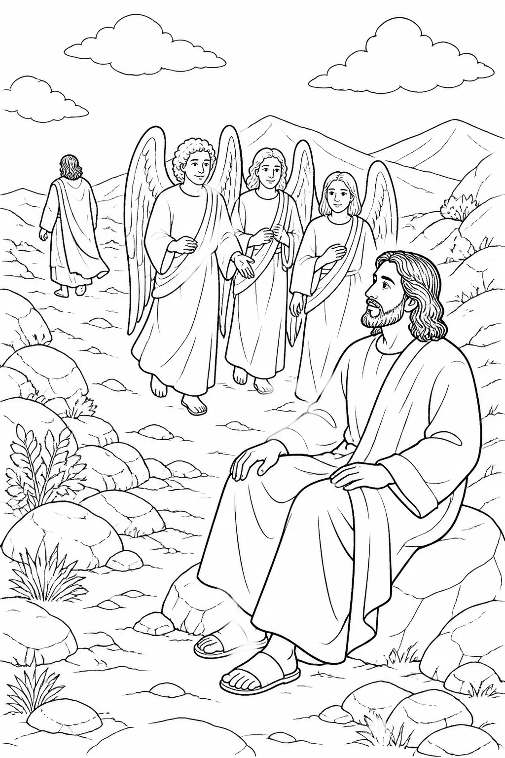 Jesus in the wilderness after the devil leaves, with angels coming to serve him, based on Matthew 4:11.