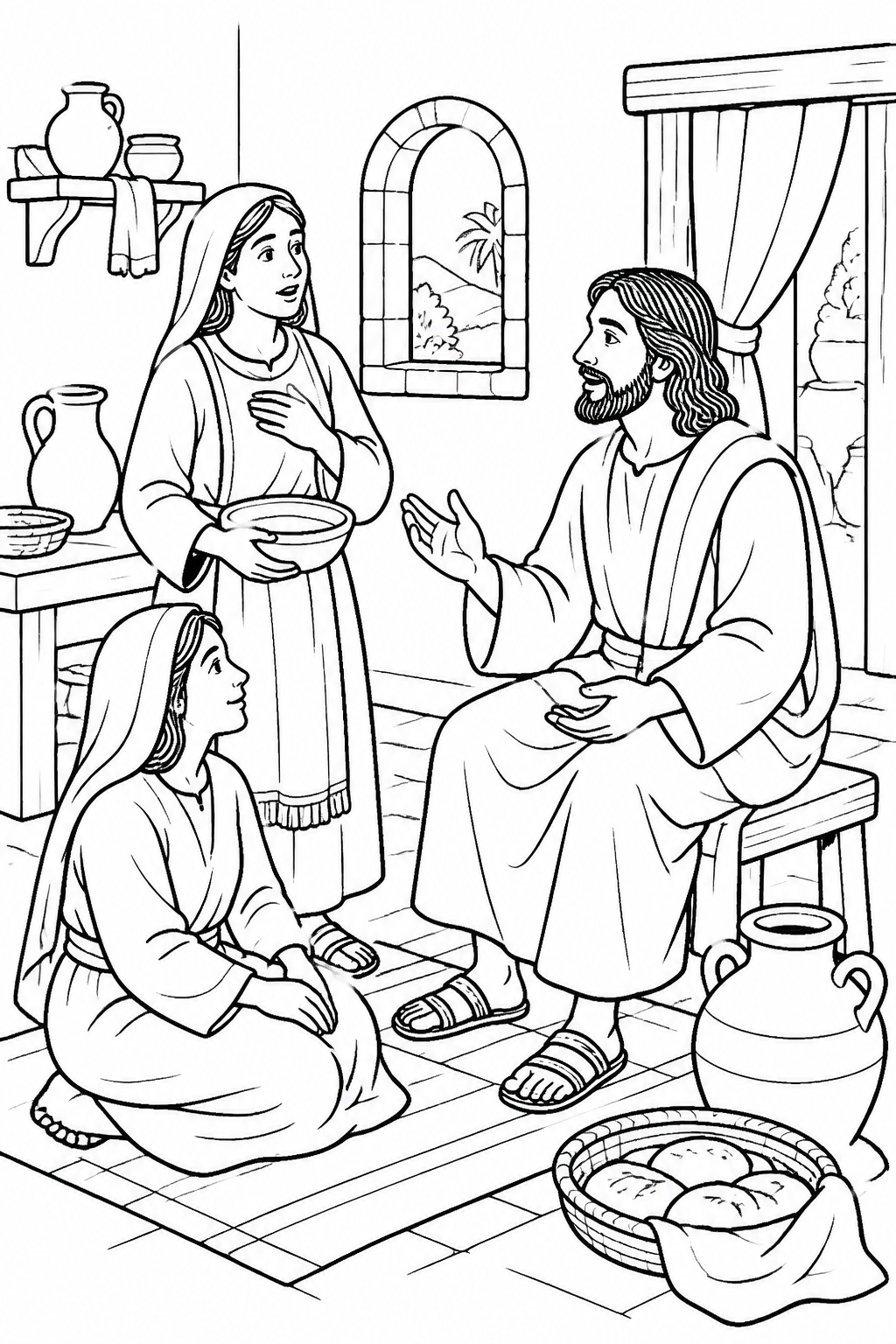 Jesus Speaks Kindly to Martha from Jesus Visits Mary and Martha Bible coloring page