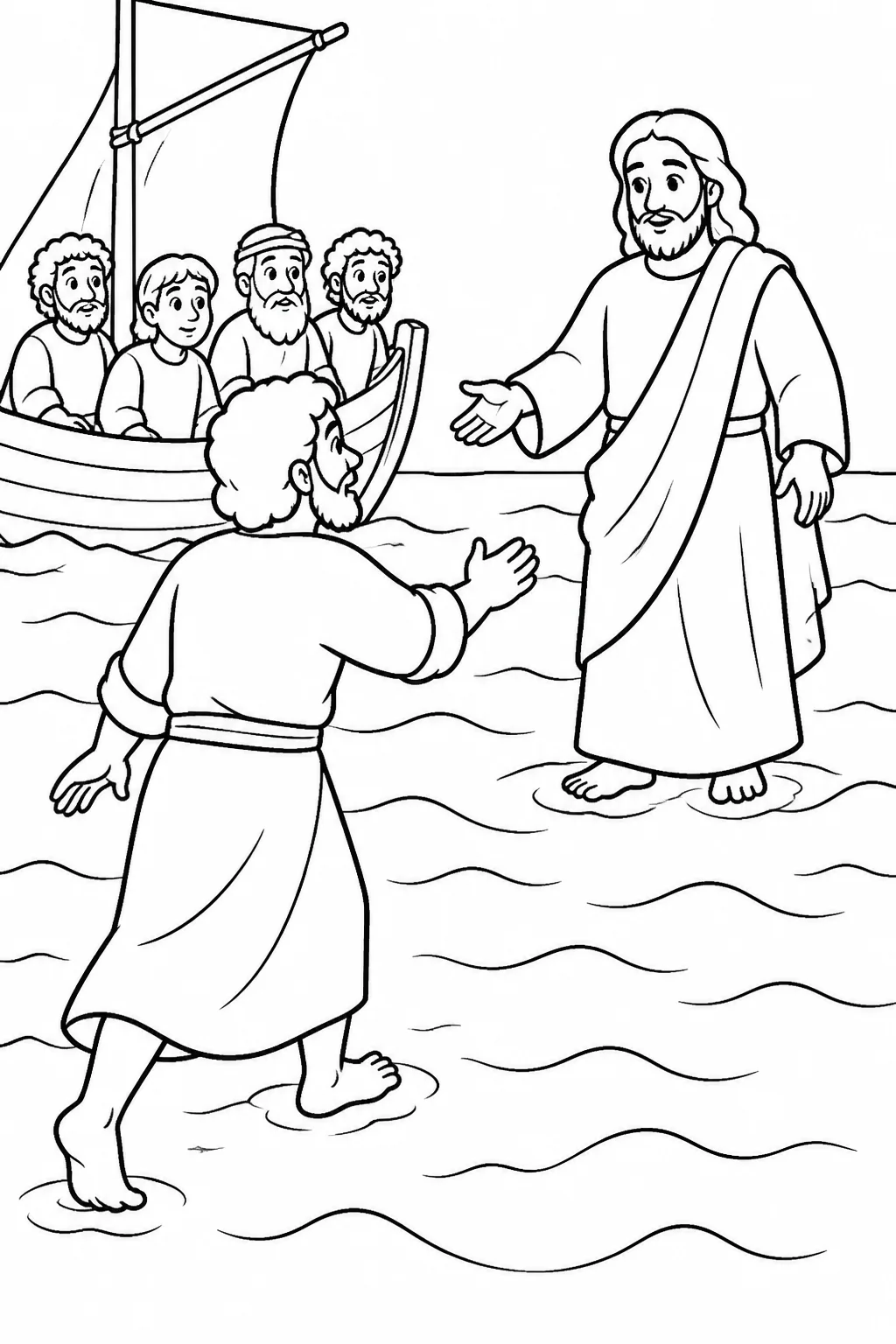 Peter steps from a boat and walks toward Jesus on the sea after Jesus commands him to come, while several disciples remain in the boat.