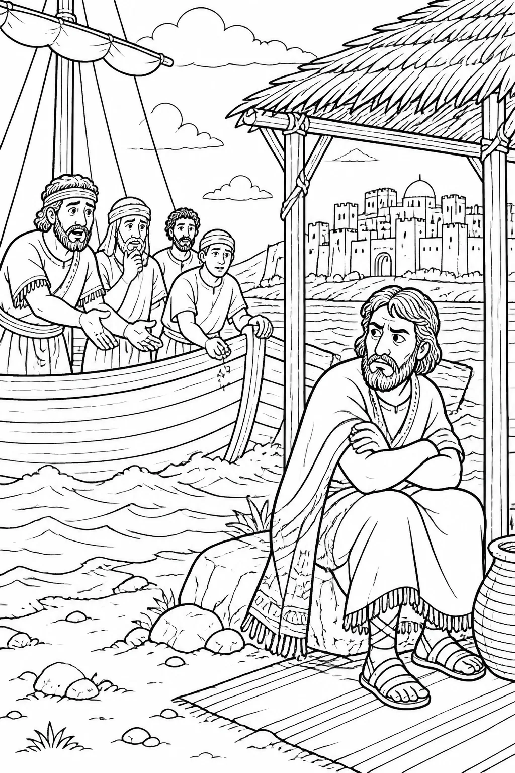 Jonah beneath a simple shelter east of Nineveh, looking toward the city while upset, based on Jonah 4:1–5.