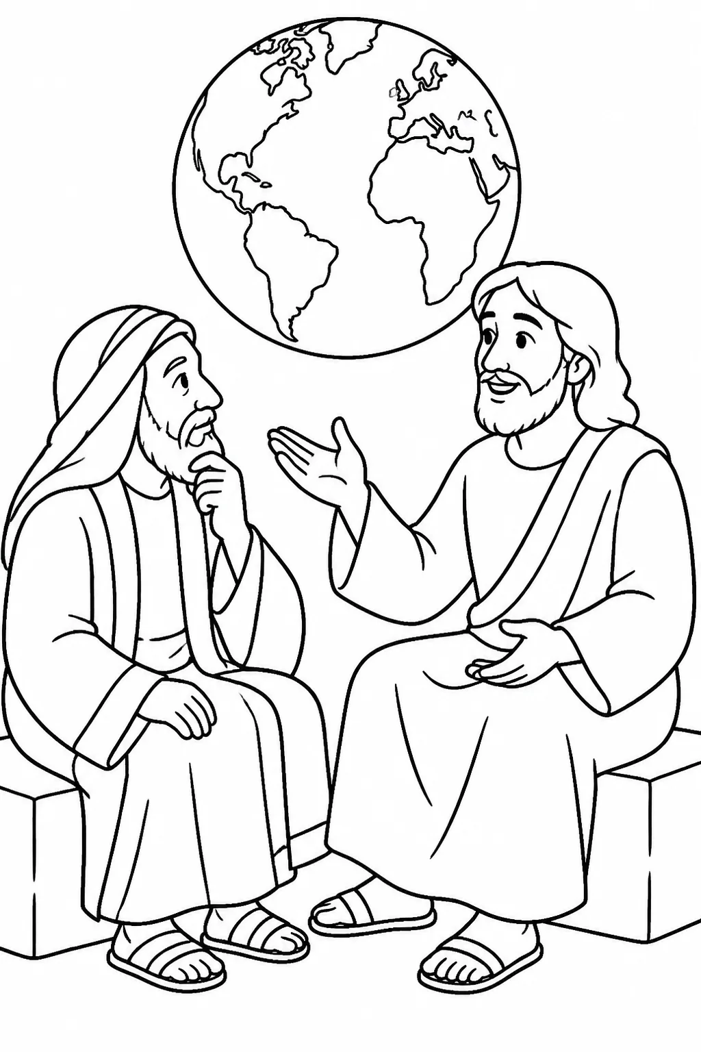 Symbolic illustration concept of Jesus teaching beside a simple world symbol about God’s love for the world and eternal life through belief in the Son.