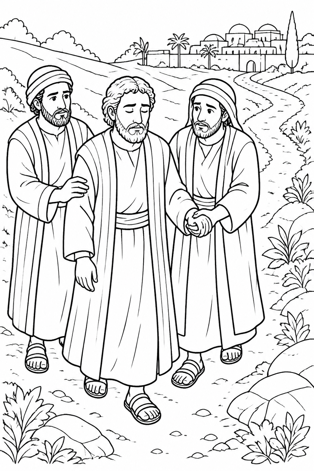Led into Damascus from Saul Meets Jesus on the Road Bible coloring page