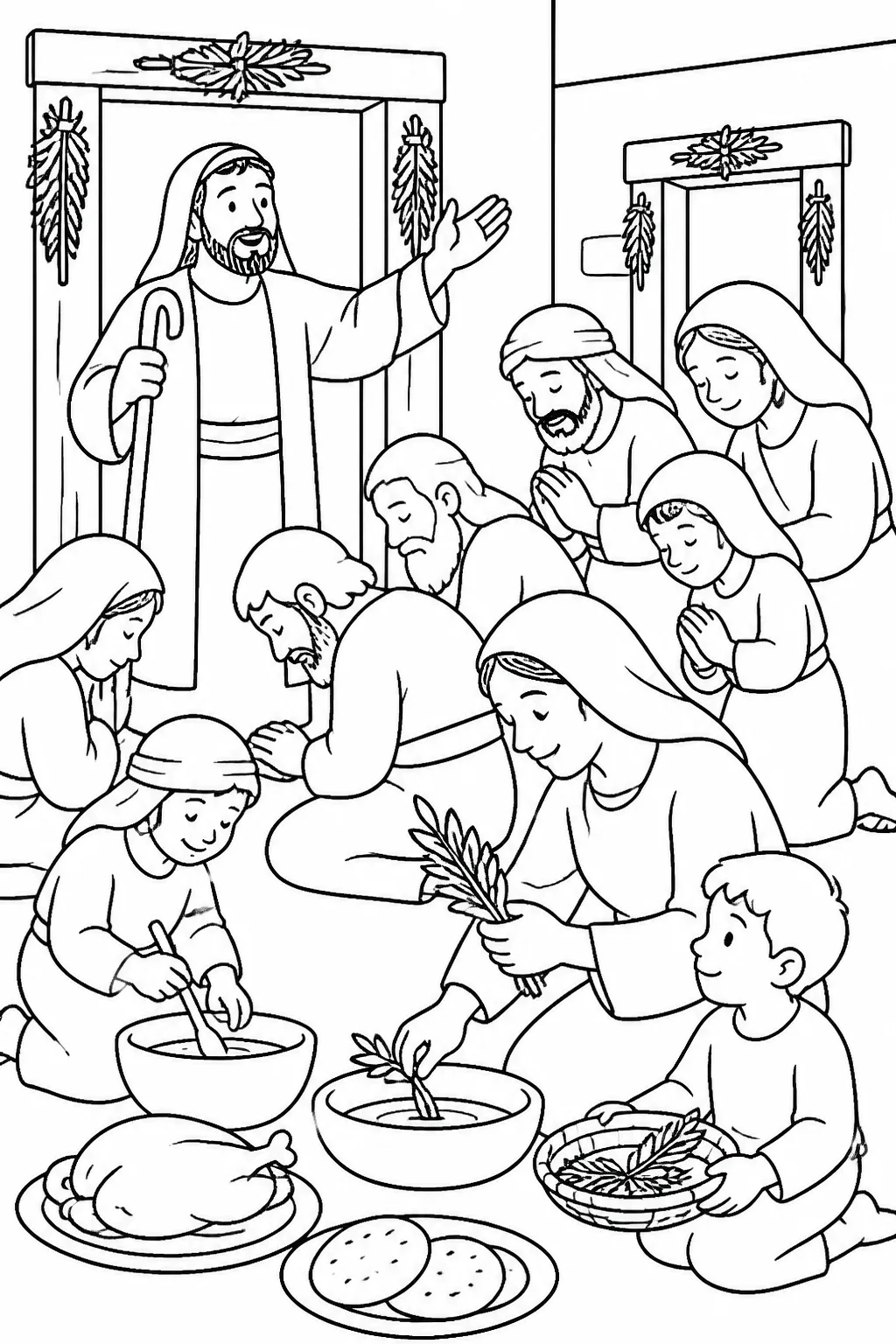Moses with Israelite elders and families bowing in worship near Passover preparations and doorways marked with blood applied using hyssop.