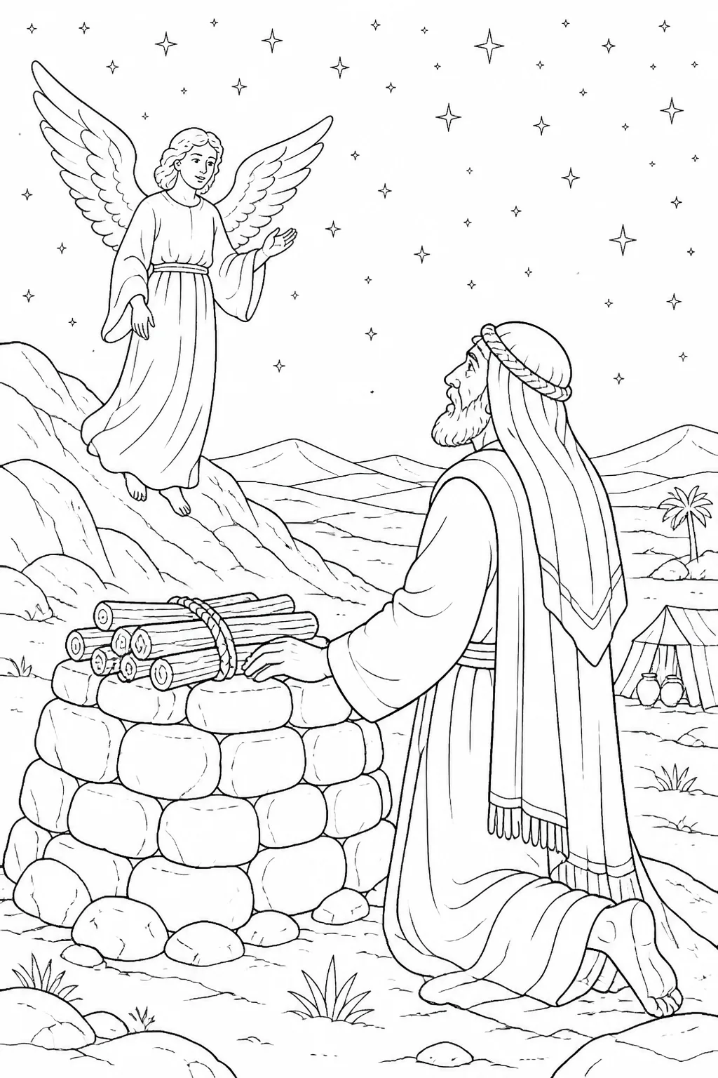 Abraham looks toward stars above a sandy mountain landscape as the angel of the LORD conveys the LORD’s promise about Abraham’s offspring and blessing.