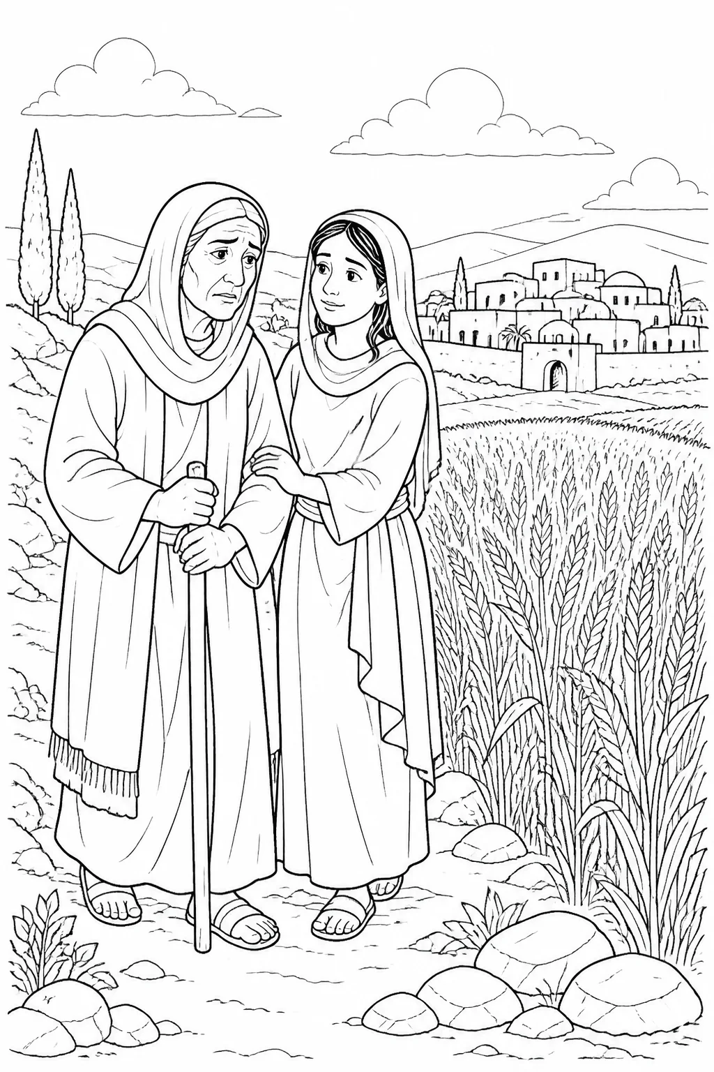 Naomi and Ruth together near Bethlehem beside a barley field at the beginning of harvest, with Naomi burdened by grief and Ruth faithfully beside her.