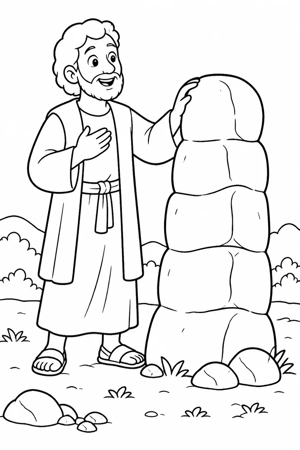 Jacob beside a stone pillar as he names the place Bethel, previously called Luz, from Genesis 28:18–19.