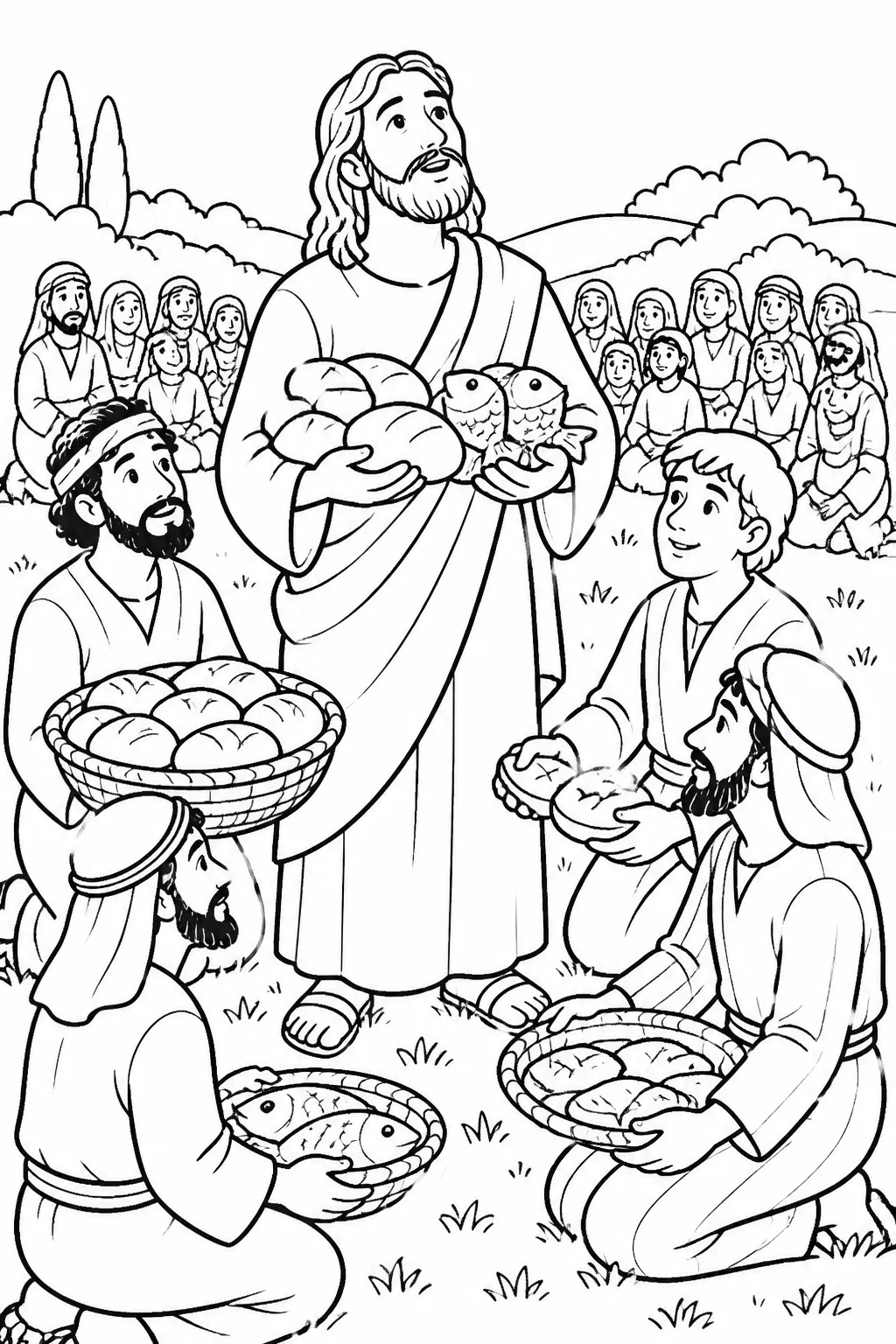 Jesus gives thanks while holding five loaves and two fish before the disciples set the food before the crowd on the grass.