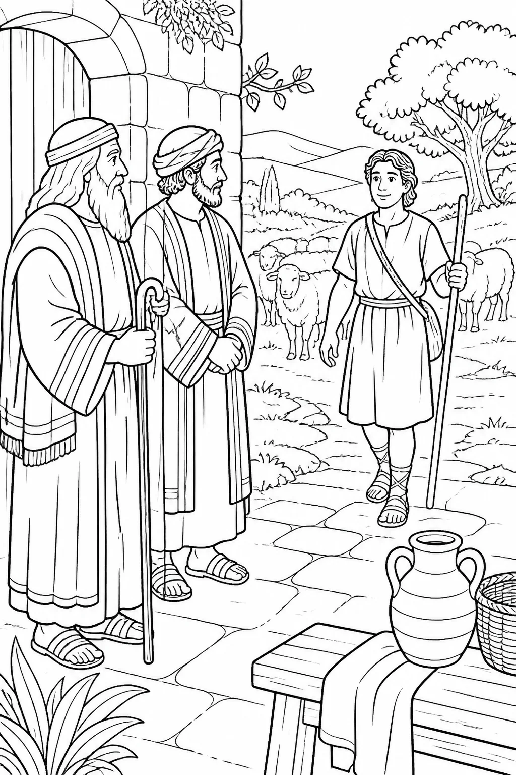 David arrives at Jesse’s house from tending sheep while Samuel asks Jesse to bring him in, based on 1 Samuel 16:11–12.