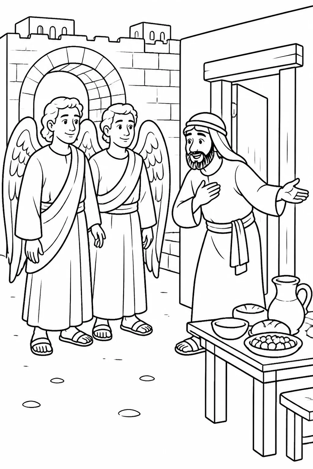 Lot welcomes two angels at Sodom’s city gate and invites them toward his house, where he prepares a simple meal.