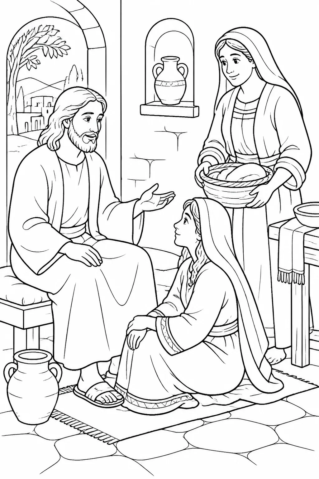 Jesus speaks to Martha in her home while Mary sits at Jesus’ feet and listens.