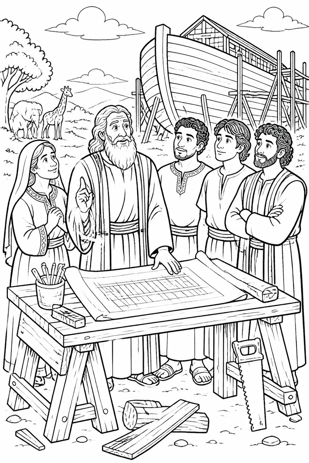 Noah’s family living with God’s directions from Noah’s Ark Bible coloring page