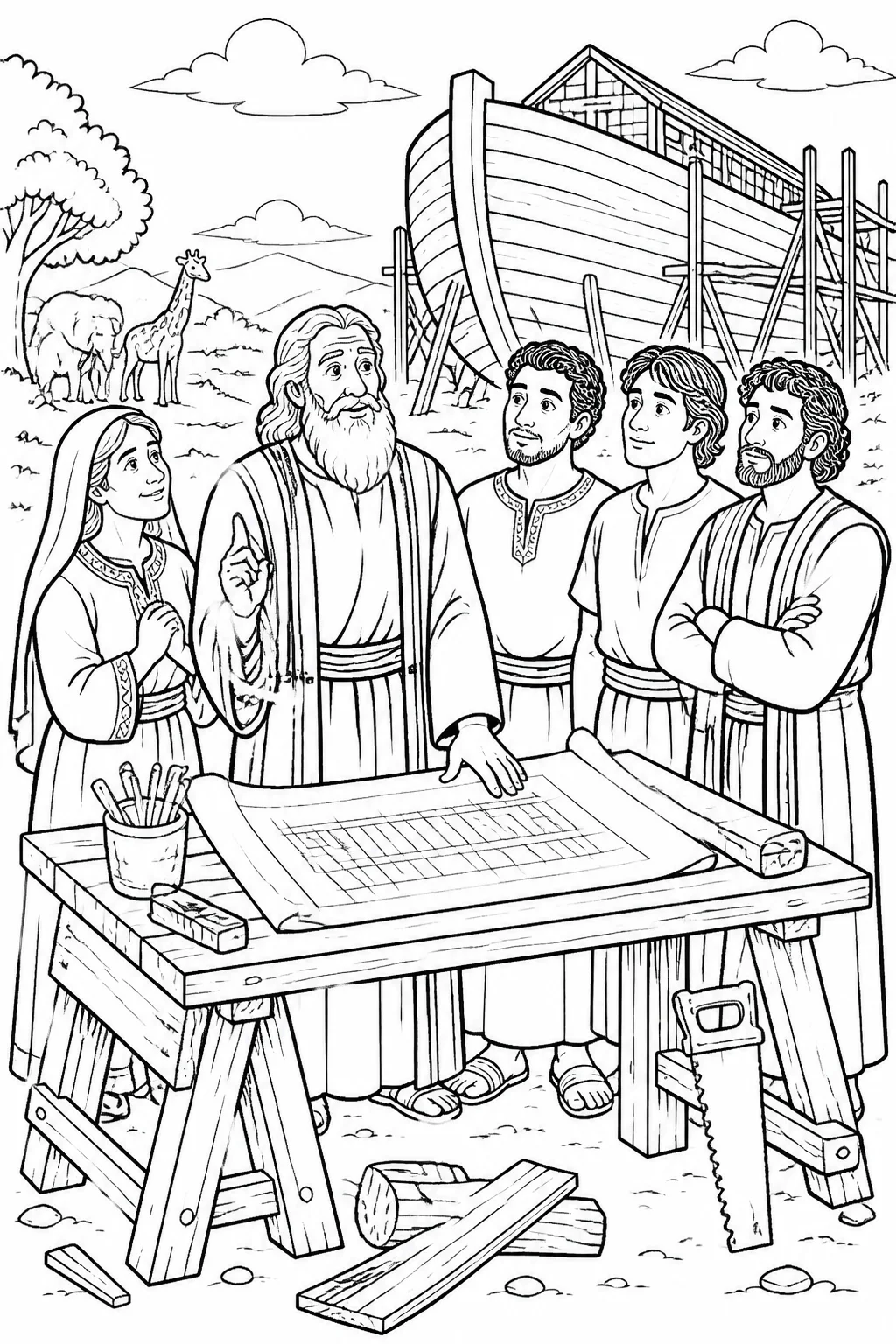 Noah’s family living with God’s directions from Noah’s Ark Bible coloring page