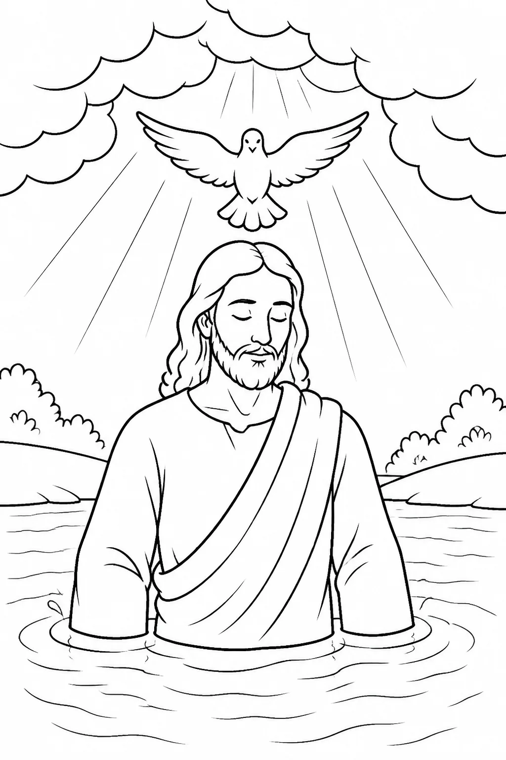 Jesus comes up from the water after being baptized; the heavens are opened, and the Spirit of God descends like a dove and rests on him.