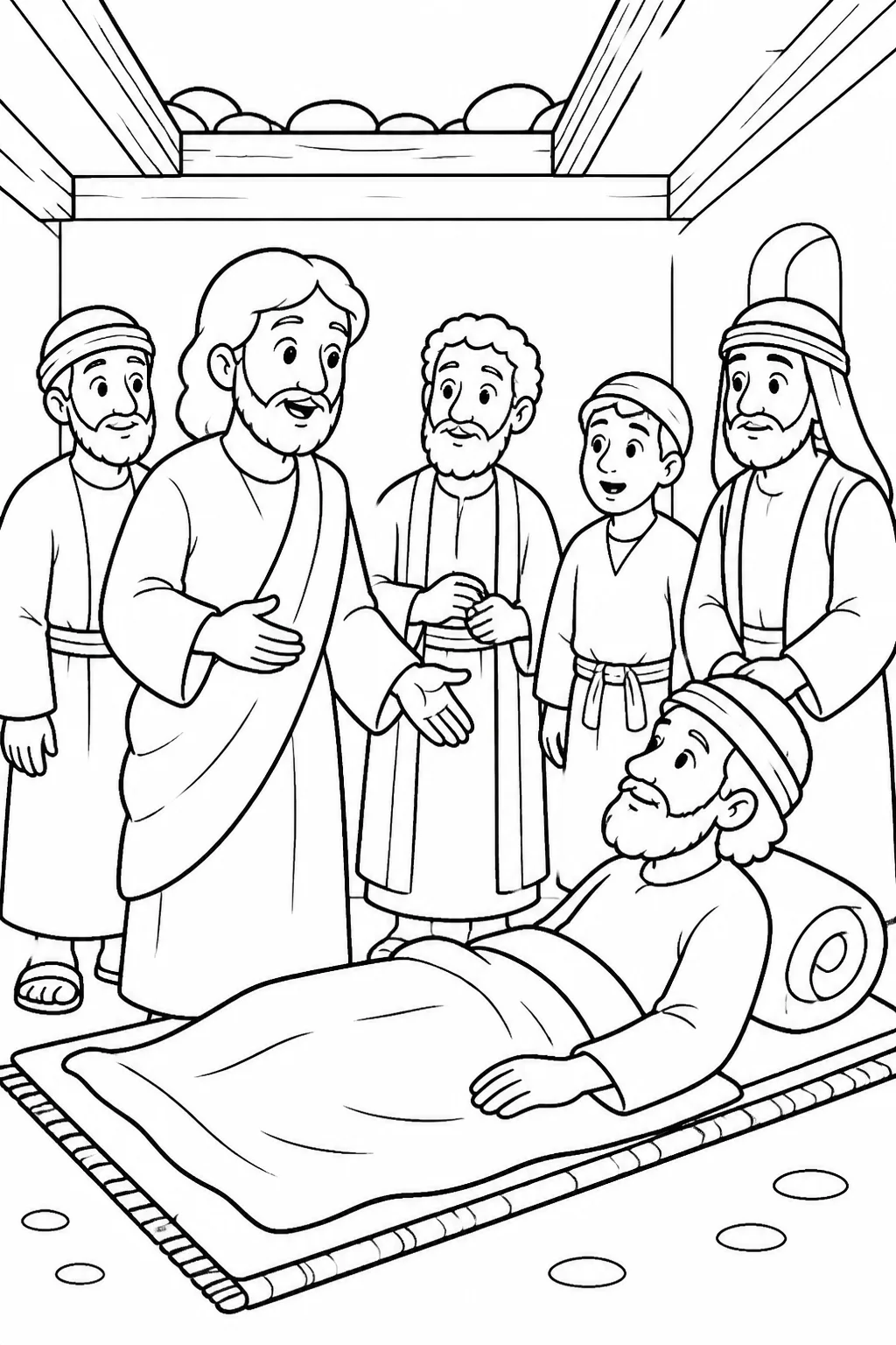 Jesus speaks to a paralyzed man on a mat inside a house beneath an opened roof, while four unnamed people and a crowd listen.