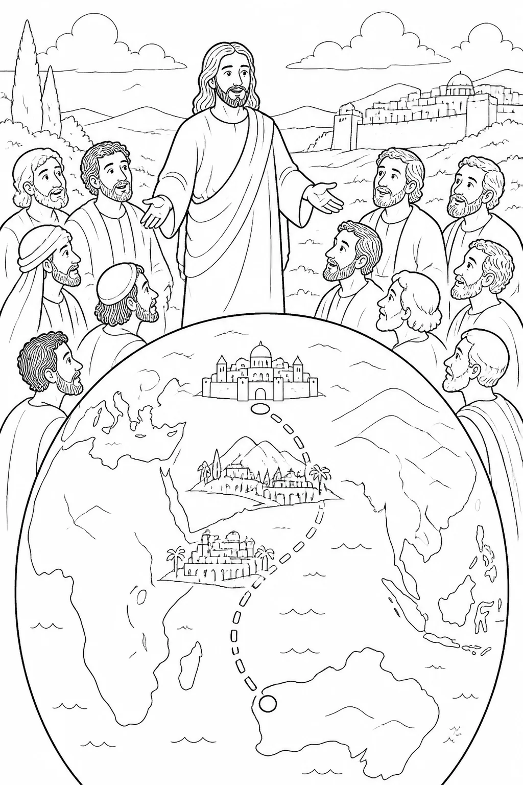 Jesus with the apostles beside a symbolic path showing Jerusalem, Judea, Samaria, and the ends of the earth, representing their mission to be his witnesses.