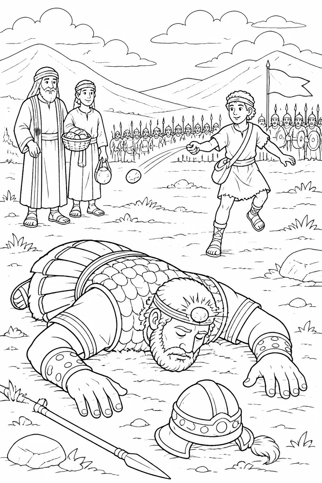 David runs toward Goliath on a battlefield with a sling as a stone strikes Goliath’s forehead and Goliath falls face down; the scene is non-graphic.