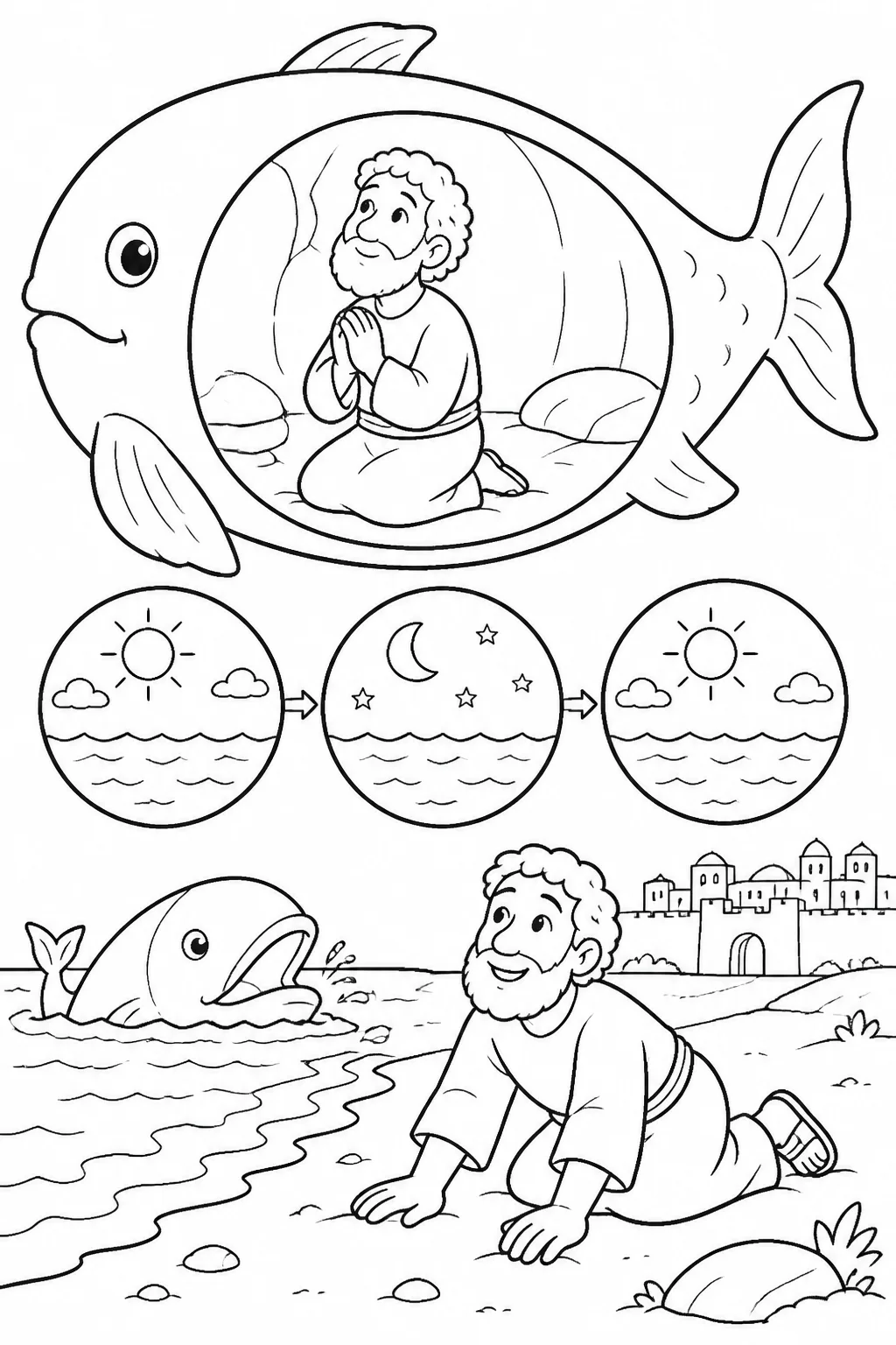 Jonah praying inside a great fish in the sea, with a sequence showing three days and three nights before his release onto dry land.