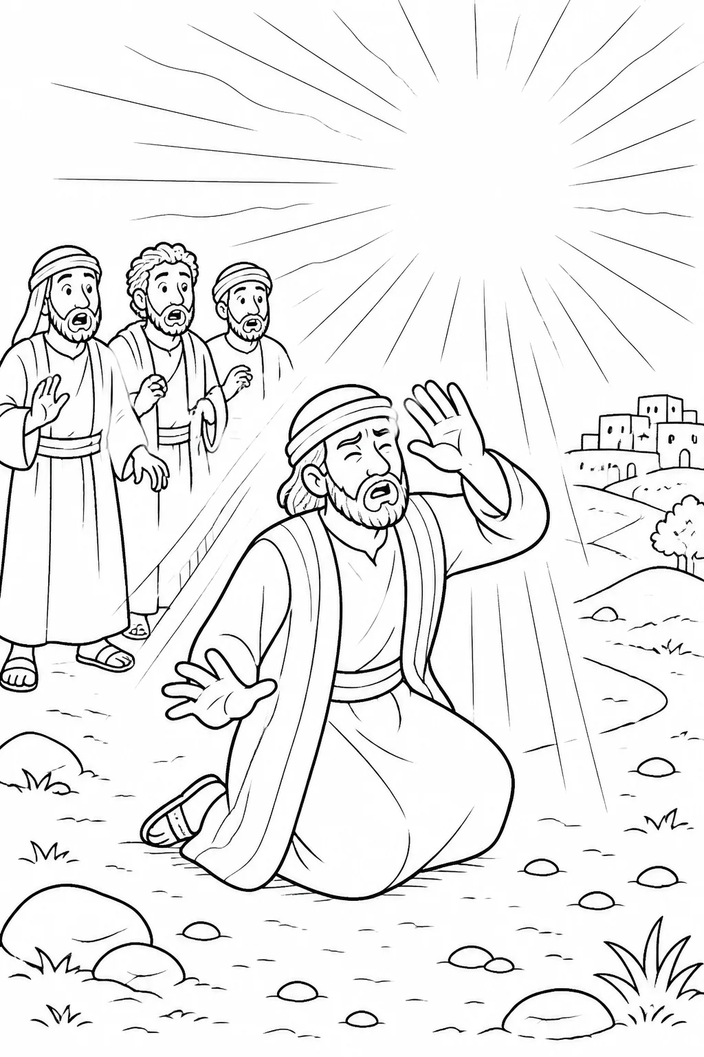 Saul kneels on the road near Damascus as heavenly light surrounds him, while his unnamed traveling companions stand nearby; Jesus is represented through the light and voice.
