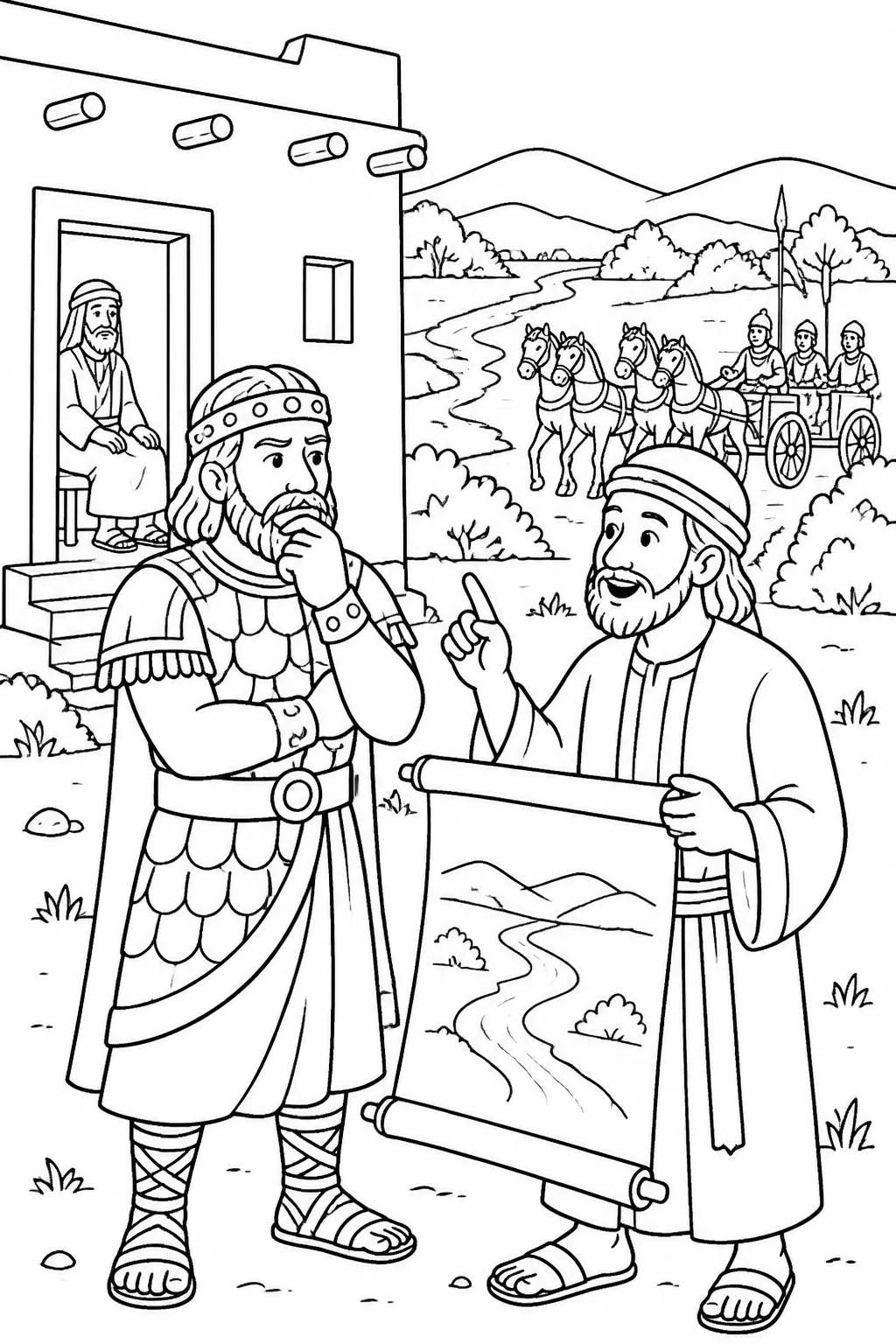 Naaman at Elisha’s house receives from Elisha’s messenger the instruction to wash seven times in the Jordan River, with Elisha nearby and horses and chariots present.