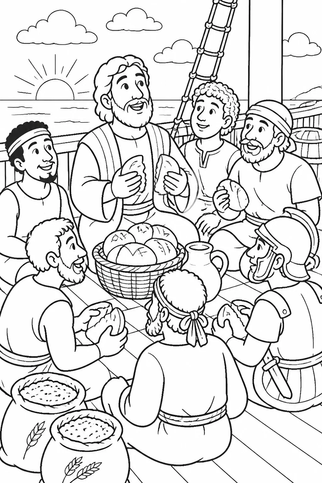 Paul gives thanks before breaking bread and sharing food with sailors, soldiers, and prisoners on a ship’s deck before dawn.