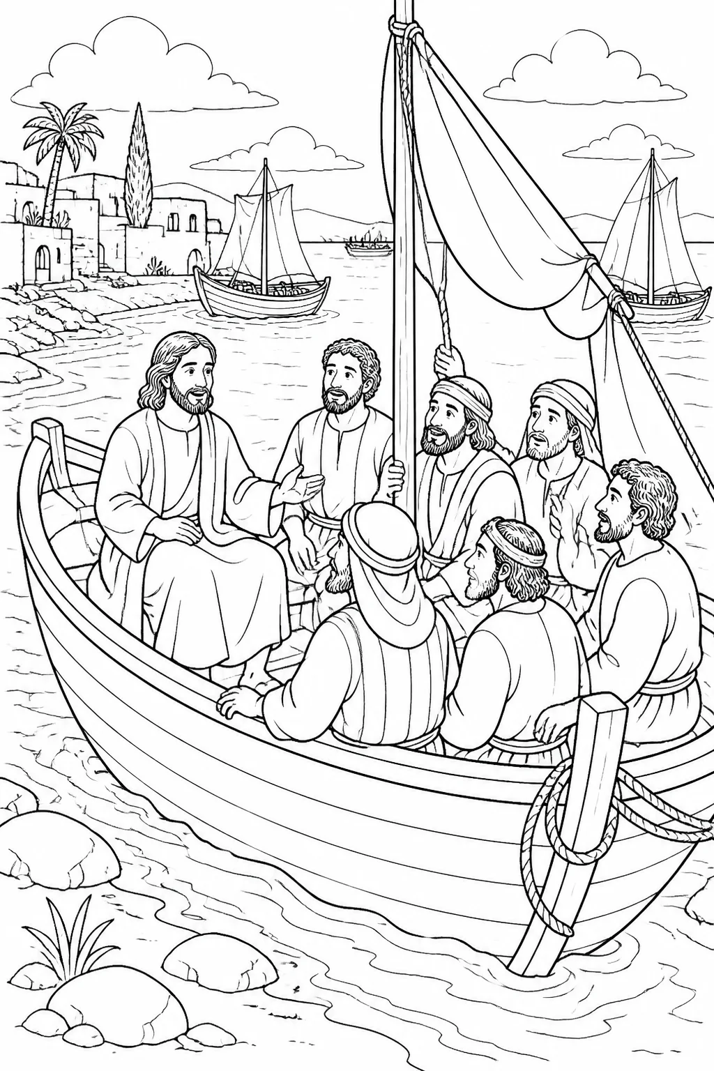 Jesus sits with several disciples in a boat as they leave the seashore and begin crossing the sea, with other boats nearby.