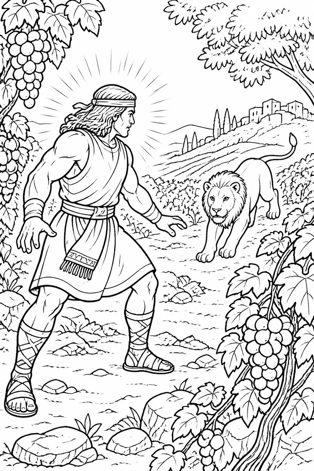 Samson faces a young lion in the vineyards of Timnah, illustrating Judges 14:1–20 and the LORD’s empowerment of Samson.