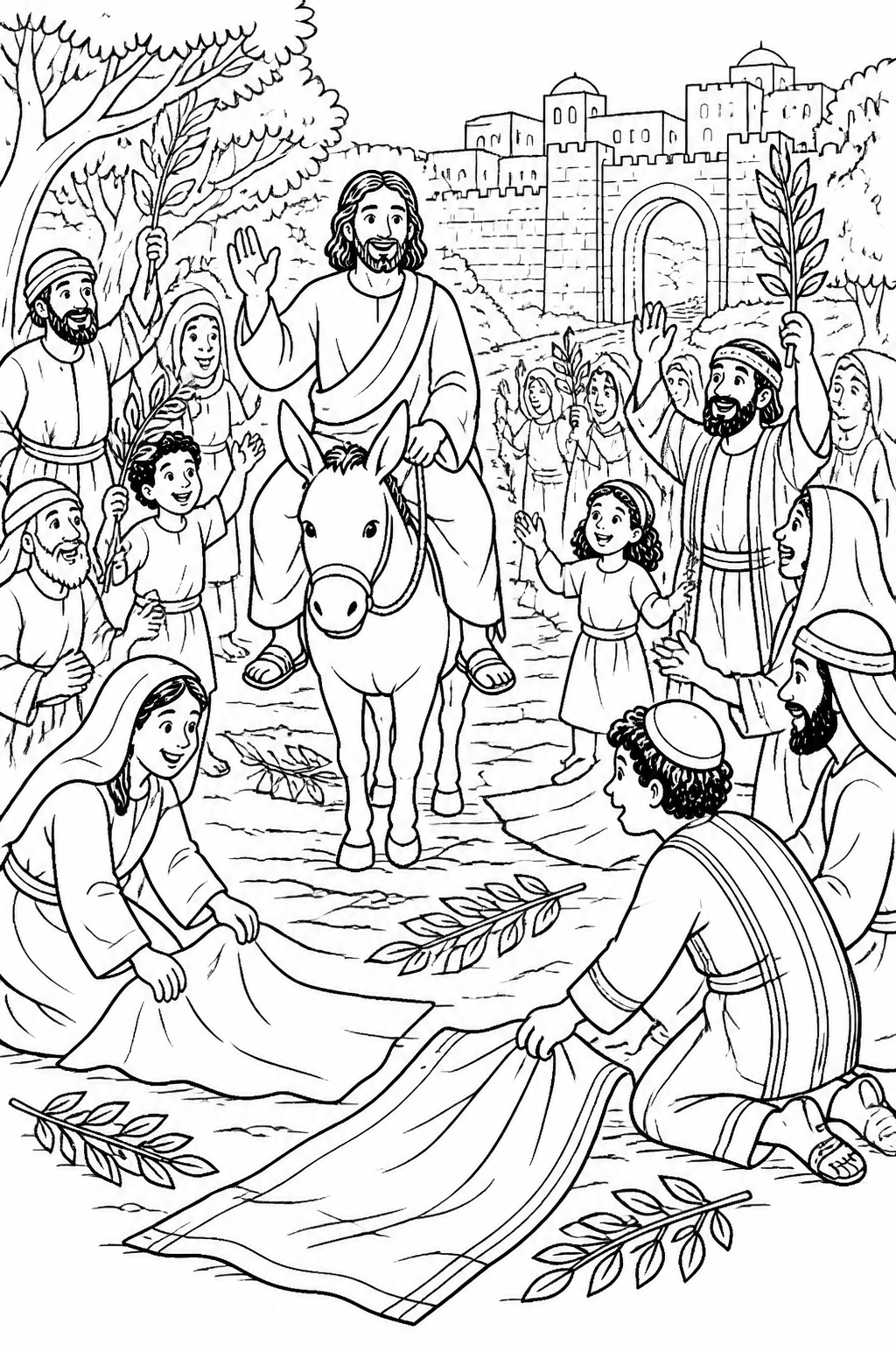 A Joyful Welcome on the Road from Jesus Enters Jerusalem Bible coloring page