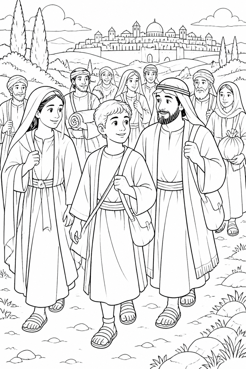Traveling to Jerusalem for Passover from Jesus in the Temple as a Boy Bible coloring page
