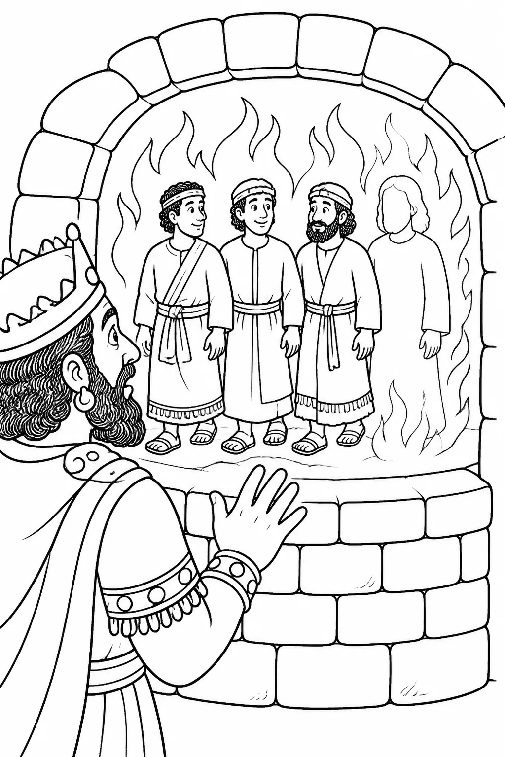 Shadrach, Meshach, and Abednego walk unbound and unharmed inside the furnace while Nebuchadnezzar sees a fourth figure with them.