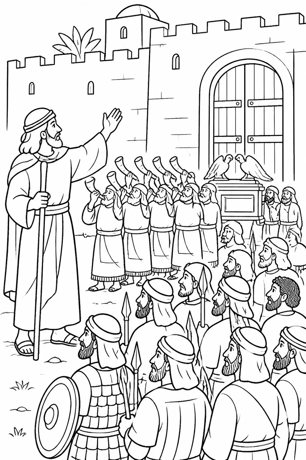 Joshua leads Israel’s organized procession before Jericho’s closed city, with armed men, seven priests carrying trumpets, the ark of the covenant, and a rear guard.