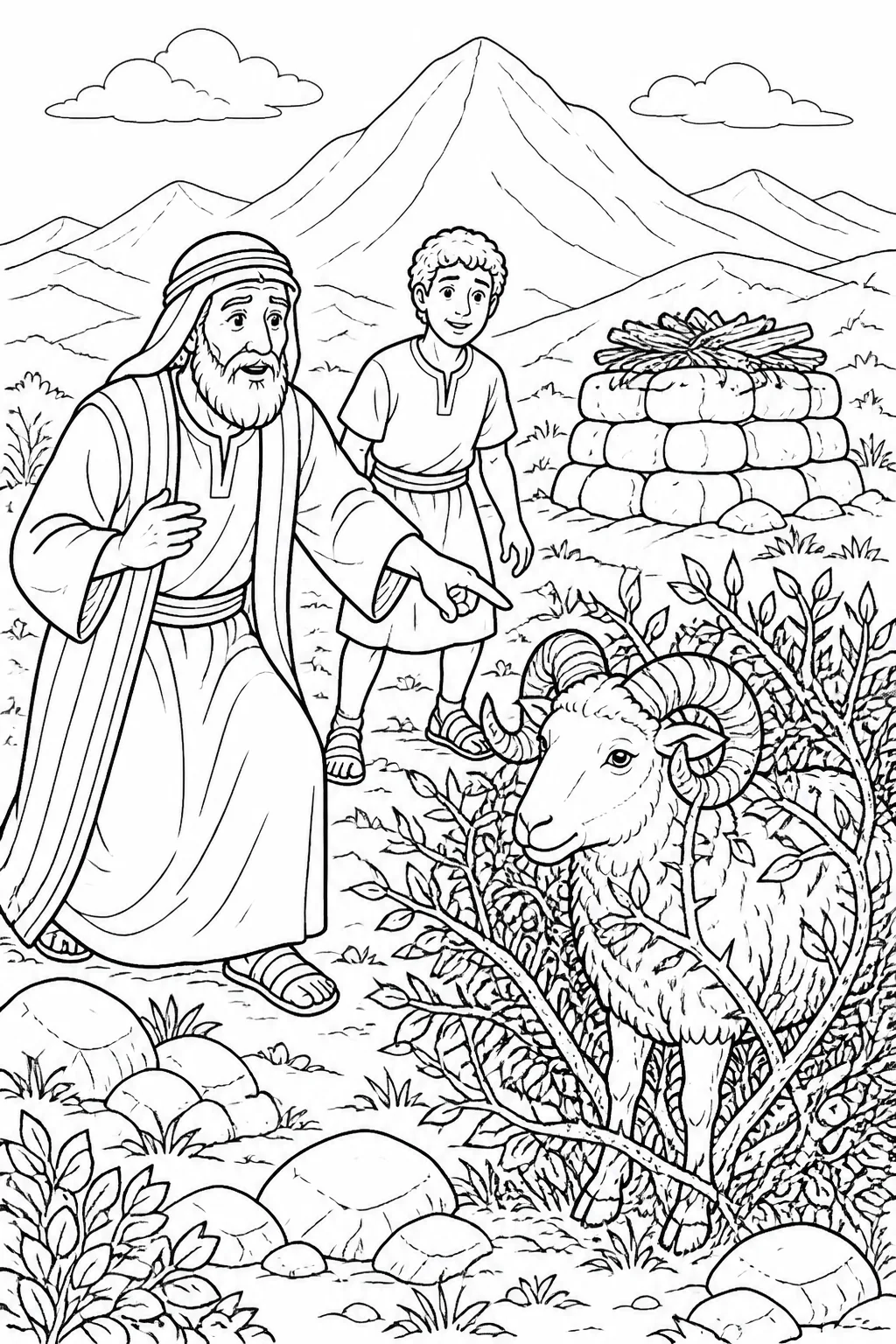 Abraham sees a ram caught by its horns in a thicket near an altar on a mountain, with Isaac unharmed nearby.