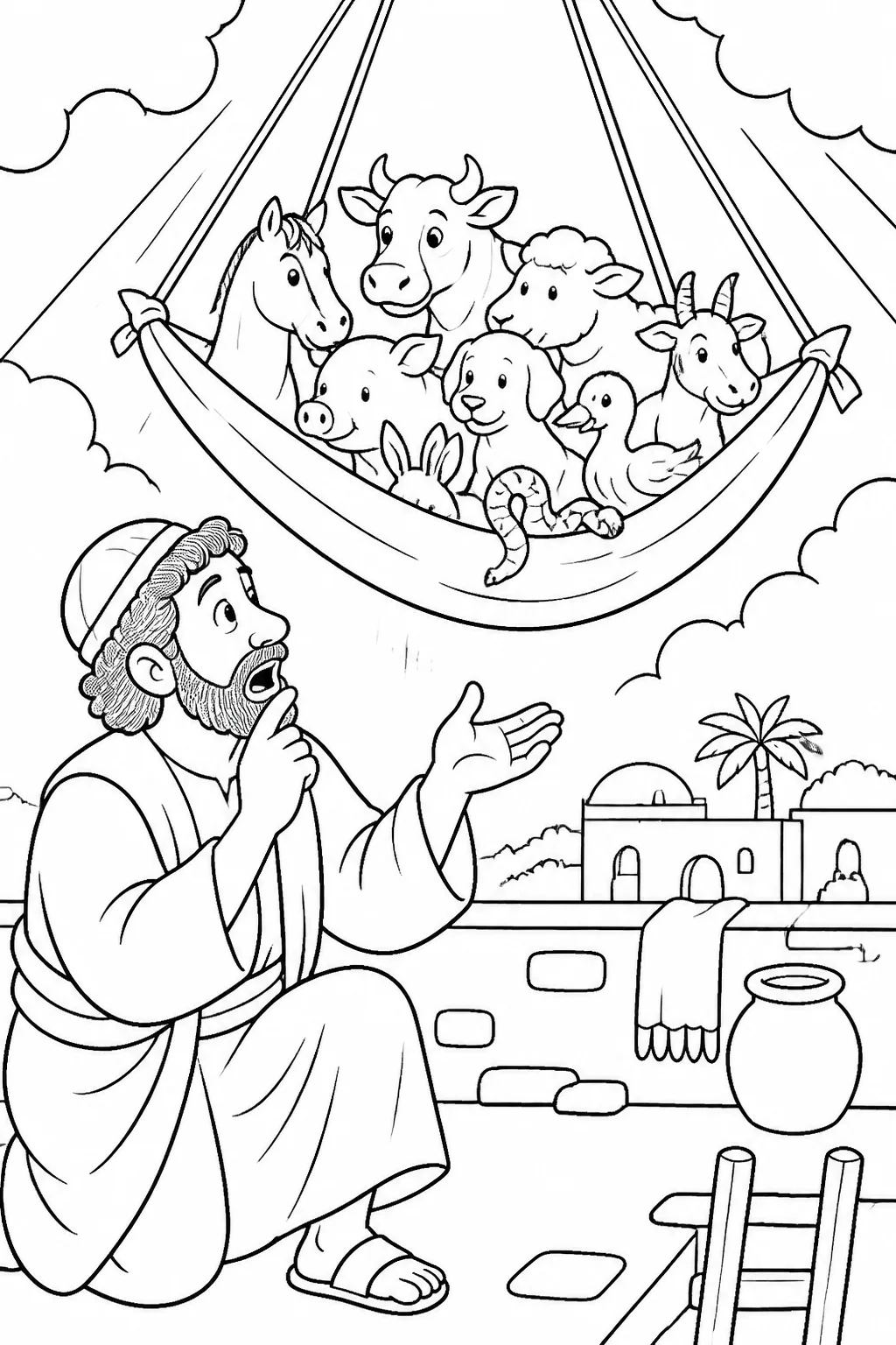 Peter on a rooftop in Joppa looks toward a large sheet-like object lowered from heaven with various animals and creatures inside, representing Acts 10:9–16.