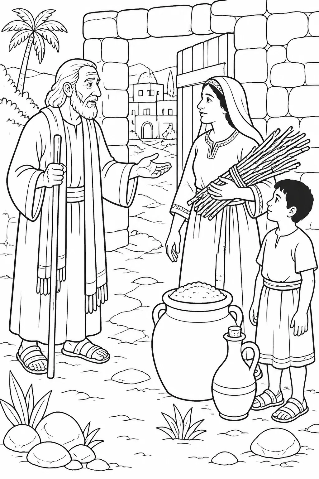 Elijah asks the widow at Zarephath for water and bread while she gathers sticks, with her son, a jar of flour, and a jug of oil nearby.